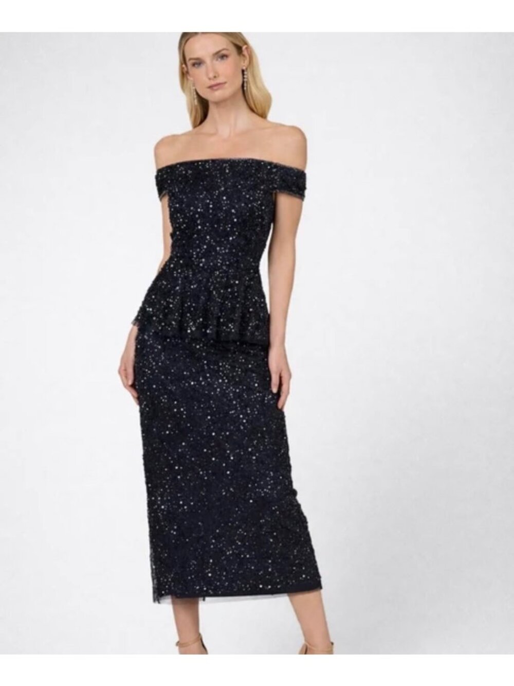 Adrianna Papell Women's Beaded & Sequin Off-The-Shoulder Peplum Dress Size 18